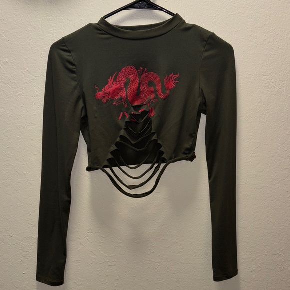 Stylish Olive Green Dragon Embroidered Crop Top - Picture 1 of 4